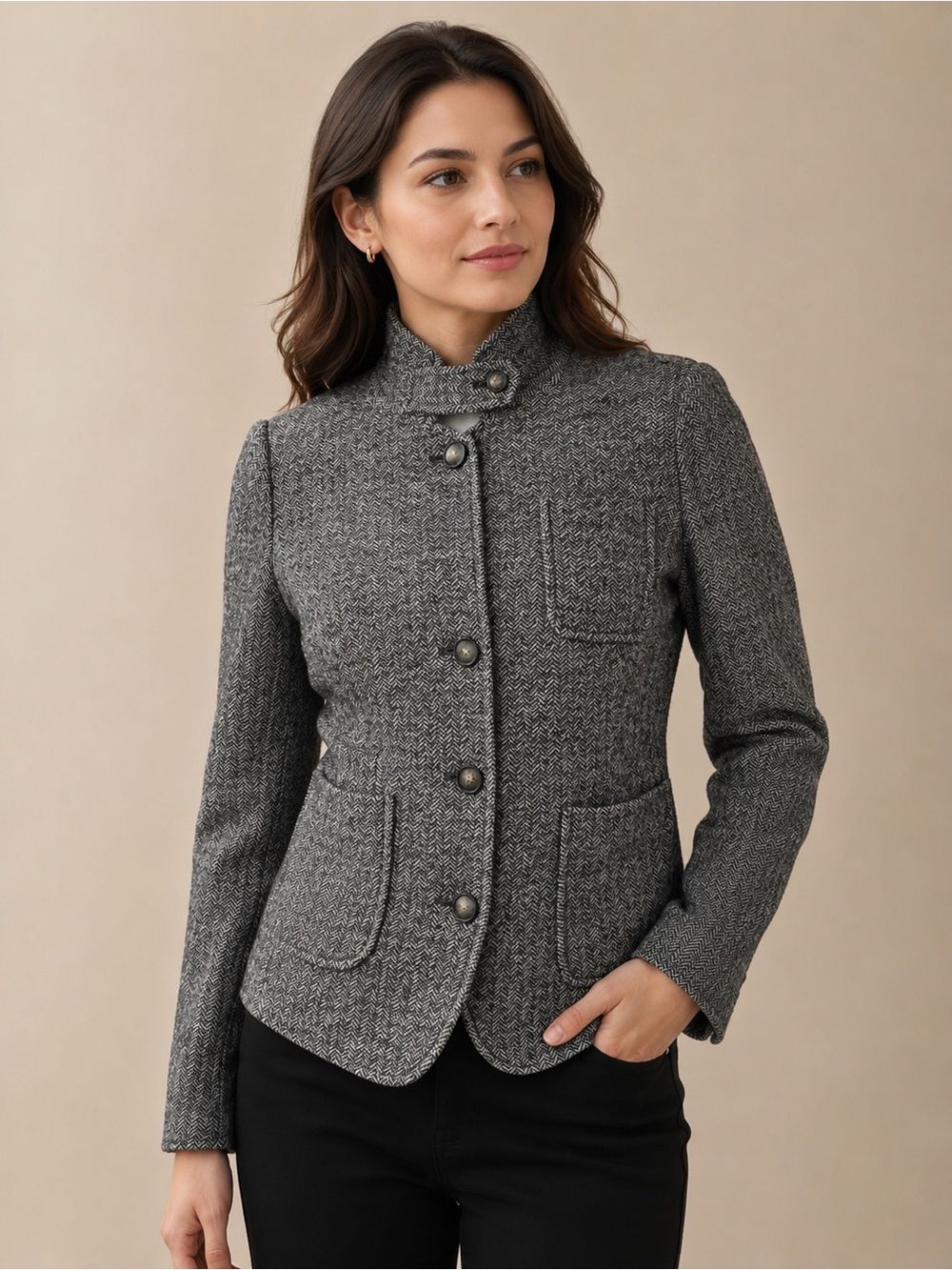 Banana Republic Herringbone Wool Cotton Blazer Gray Button Front US 6
